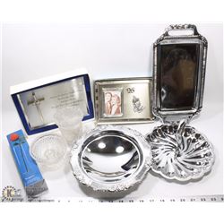 BOX OF ASSORTED SILVER DISHES & DECORATIONS
