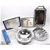 Image 1 : BOX OF ASSORTED SILVER DISHES & DECORATIONS