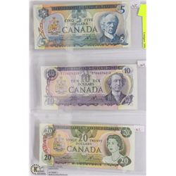 SHEET OF 3 CANADIAN 1970'S UNC $5,$10,$20