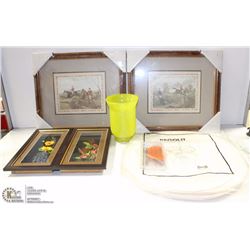 BOX OF MISC 4 PICTURES , GREEN VASE AND HANGING