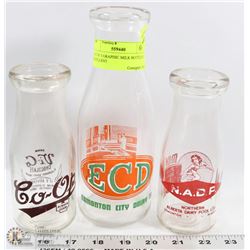 LOT OF 3 GRAPHIC MILK BOTTLES