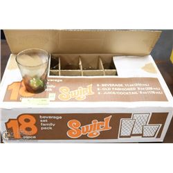 NEW CASE OF 18 ASSORTED GLASSES