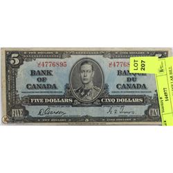 1937 CANADIAN $5 DOLLAR BILL