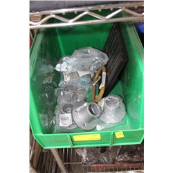 GREEN TOTE OF MISC ITEMS+BLUE TOTE OF ASS. CASTORS