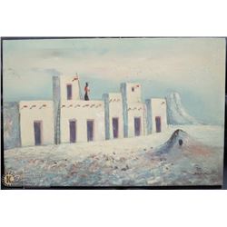 SIGNED OIL PAINTING ON CANVAS STONE BUILDINGS