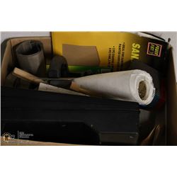 BOX OF SANDING PAPER, PAINT TRAYS, TAPE AND MORE