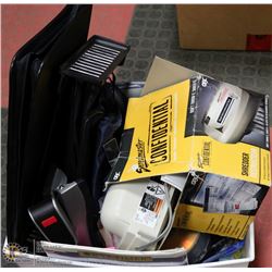 BOX OF OFFICE SUPPLIES, INCLUDES SHREDDER