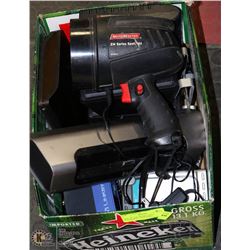 BOX OF ELECTRONICS INCL FLASHLIGHT, 3 ROUTERS,