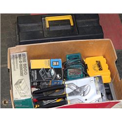 BOX OF ASST TOOLS INCL NEW TOOLS & TOOLBOX