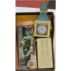 A BOX W/ 2 TINS – ELVIS TIN AND BIG BEN CLOCK