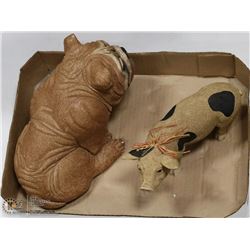 FLAT WITH SANDSTONE BULLDOG SCULPTURE 6", AND PIG