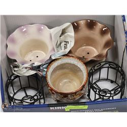 BOX OF POTTERY AND CERAMIC PLANTERS AND CANDLE