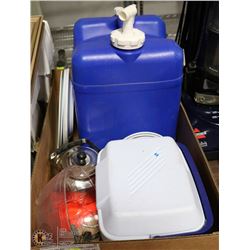 LARGE BOX OF CAMPING GEAR INCL. COOLER,