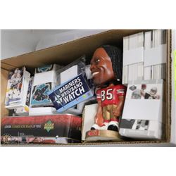 BOX OF VARIOUS SPORTS CARDS AND COLLECTIBLES