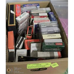 BOX OF PLAYING CARDS, BELT BUCKLES, MATCHES & MORE