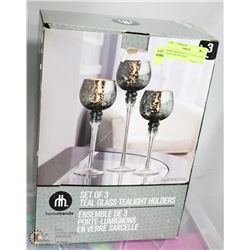HOMETRENDS SET OF 3 TEAL GLASS TEALIGHT HOLDERS