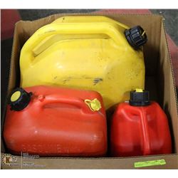 BOX W/3 GAS CANS - 1 LARGE, 1 MEDIUM &