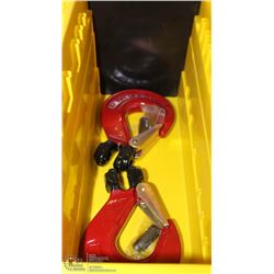 BIN WITH TWO 3/8" 10-8 SAFETY HOOKS