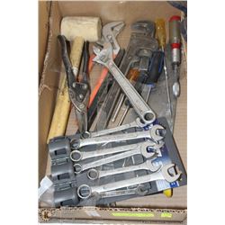 FLAT WITH ASSORTED HAND TOOLS INCL WRENCHES, SAW