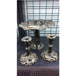 Pair Of Candle Holders And Pedestal Plate Candle holders marked Forbes Silver Co  Quadruple 74