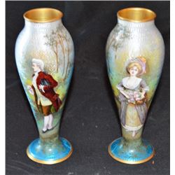 Guilloche Pair Enamel Vases Antique 20th Century Pair Of French Gilt  Metal Mounted Hand-painted Ena