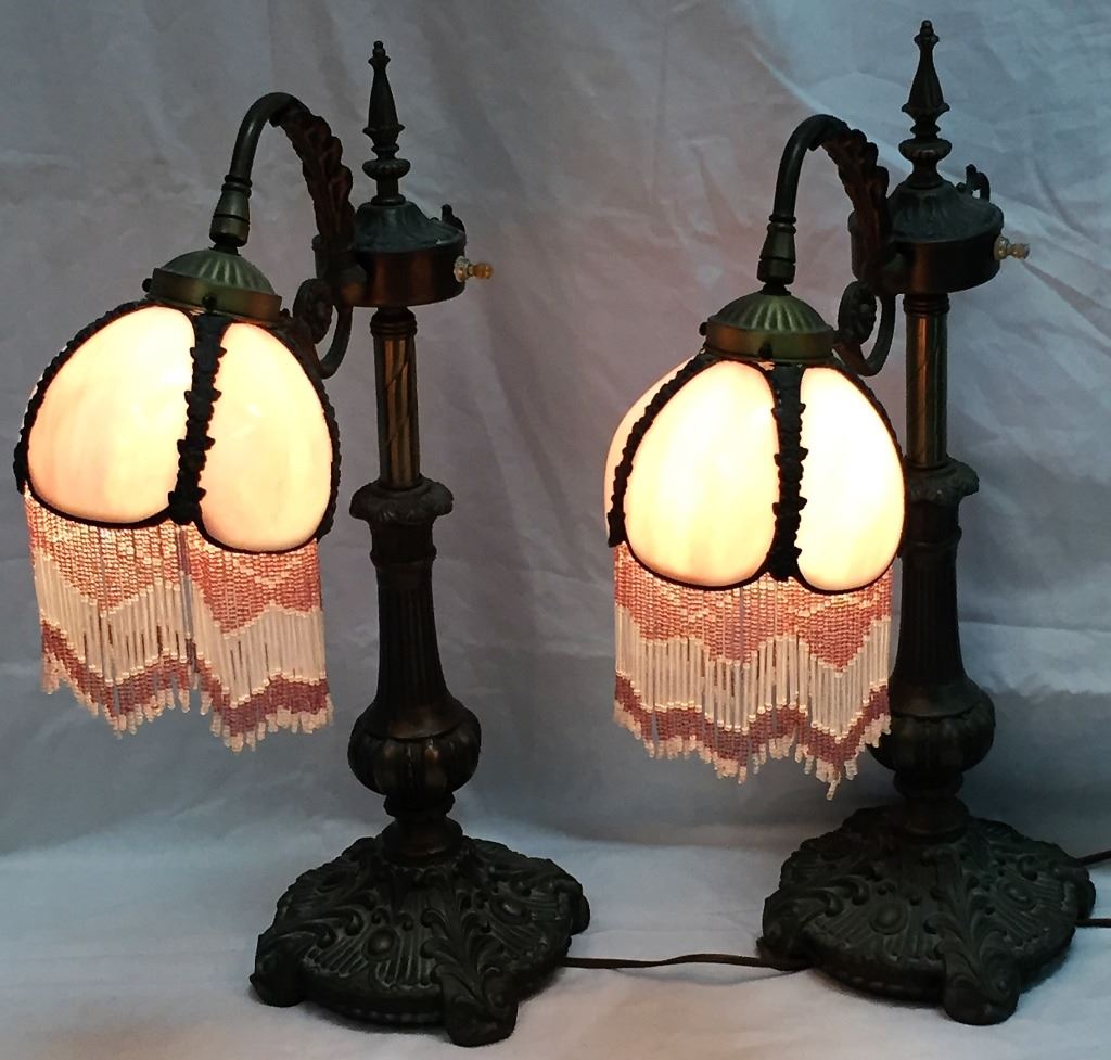 Pair Leaded Glass Night Stand Lamps