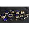 Image 1 : Collection of 13 Unique Salt Dips with Cobalt Blue Inserts. Many have proof marks and  marked sterli