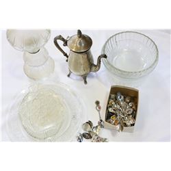 LOT OF CRYSTAL SERVING PIECES AND LANTERN AND SILVE TEAPOT AND SPOONS