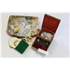 Image 1 : LOT OF COSTUME JEWELLRY AND RED AND GOLD BOX WITH CONTENTS