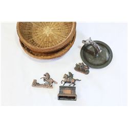 WICKER BASKET OF TIN HORSE ASHTRAY AND LIGHTERS