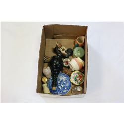 TWO BOXES OF COLLECTIBLES HORN CHINA MINIATURES ETC