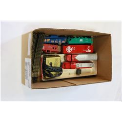 BOX OF HO SCALE TRAINS BOX CARS CONTROLLER AND TRACK