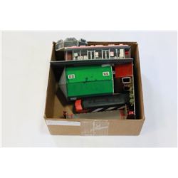 BOX OF HO SCALE BUILDINGS AND TRAIN