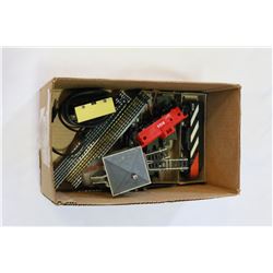BOX OF HO SCALE TRAINS AND BOX CARS CONTROLLER AND TRACK