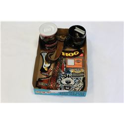 TRAY OF HARLEY PATCHES CARDS BELT BUCKET AND COFFEE TIN