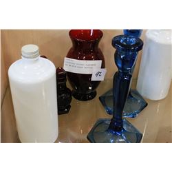 COLLECTIBLE COLORED GLASSWARE AND TWO MILK GLASS BOTTLES