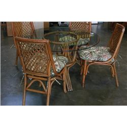 ROUND GLASS TOP RATTAN DINING TABLE AND FOUR CHAIRS