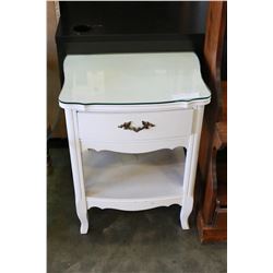 WHITE 1-DRAWER GLASSTOP ENDTABLE