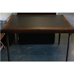 MAHOGANY FINISH FOLDING TABLE WITH LEATHER INSERT
