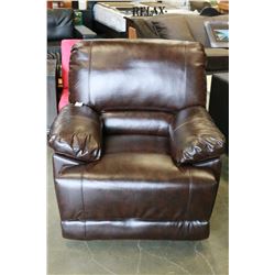 NEW ASHLEY MODERN BROWN RECLINING CHAIR, WITH BROWN STITCHING AND REMOVABLE BACK, RETAIL $899