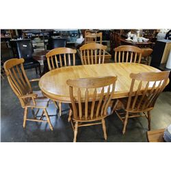 LARGE OAK TRESTLE BASE DINING TABLE AND SIX CHAIRS