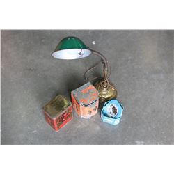 LOT OF VINTAGE TINS AND VINTAGE GOOSENECK LAMP AND EASTERN VASE AS IS
