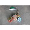 Image 1 : LOT OF VINTAGE TINS AND VINTAGE GOOSENECK LAMP AND EASTERN VASE AS IS
