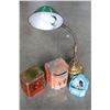 Image 3 : LOT OF VINTAGE TINS AND VINTAGE GOOSENECK LAMP AND EASTERN VASE AS IS