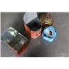 Image 4 : LOT OF VINTAGE TINS AND VINTAGE GOOSENECK LAMP AND EASTERN VASE AS IS