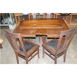 ANTIQUE OAK DINING TABLE WITH 3 LEAFS AND FOUR T-BACK LEATHER SEAT CHAIRS