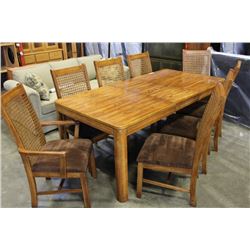 OAK DINING TABLE AND 8 RATTAN BACK UPOLSTERED SEAT CHAIRS