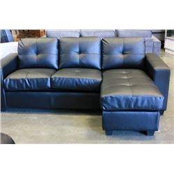 NEW MODERN BLACK GEL LEATHER SOFA WITH MOVABLE CHAISE LOUNGE, AND REMOVABLE SEAT CUSHIONS, RETAIL $1
