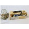 Image 1 : WOOD CASE OF MENS WATCHES POCKET KNIVES JEWELLRY AND JAR OF COLLECTIBLE PINS