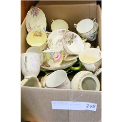 BOX OF CHINA CUPS AND SAUCERS ETC